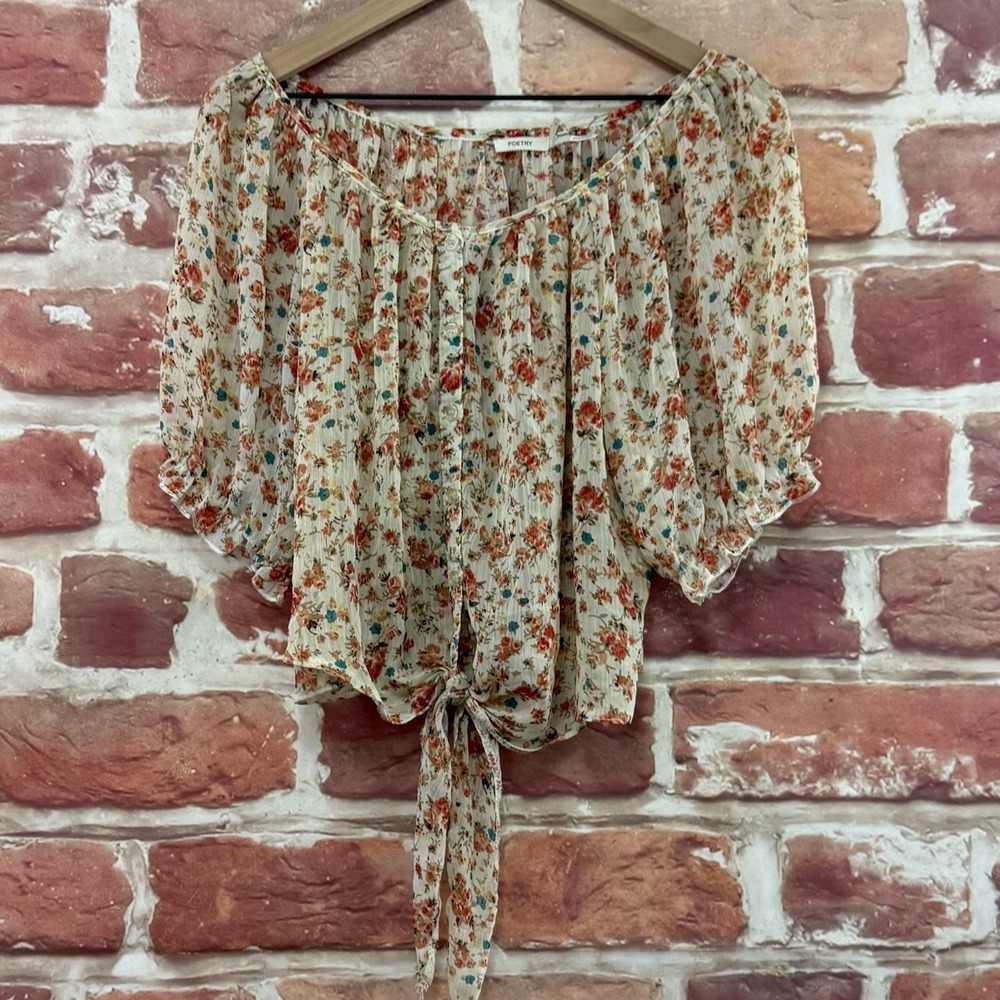 Poetry Crop Top Women's L Multicolor Cottage Ditsy Floral Tie Waist Sheer Shirt